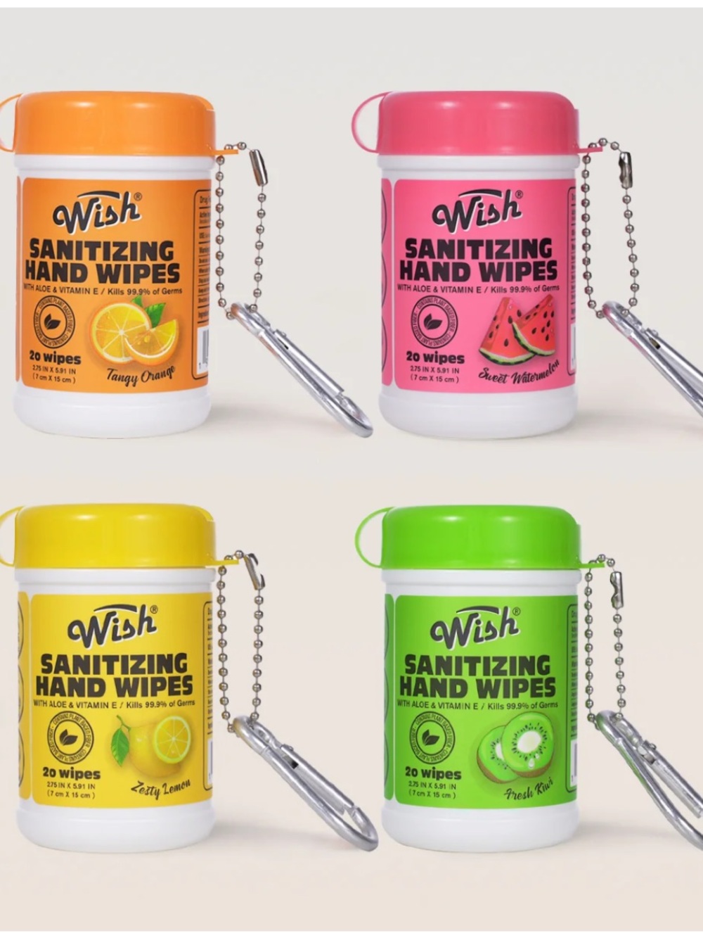 New Wish Pack of 4 Scents Sanitizing Hand Wipes Keychain Set Travel Size Viral